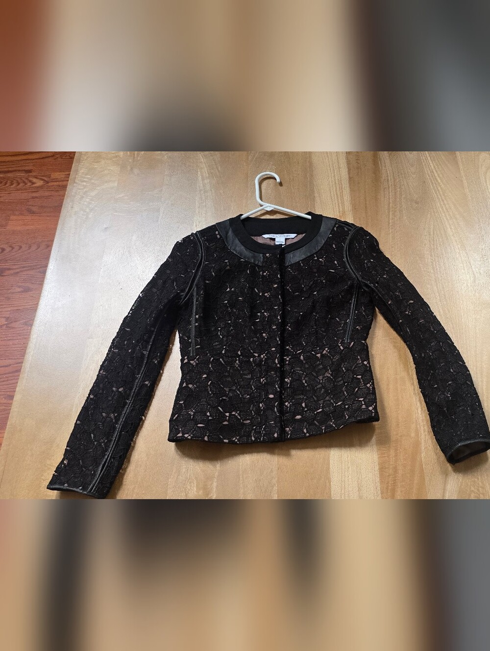 Diane von Furstenberg DVF Maya Black Honeycomb Lace Leather Trim Jacket Blazer 6